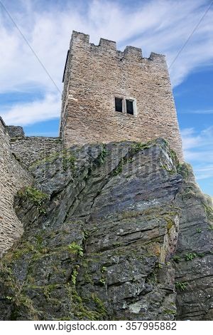 Tower Of Bourscheid Castle In Luxembourg On Rock