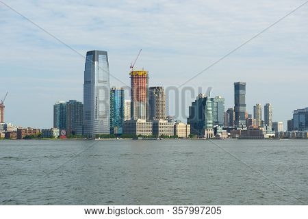 Jersey City Modern Skyscrapers Skyline Including From New York Harbor Near New York City Nyc, New Je