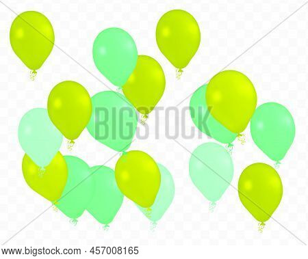 Realistic Helium Vector Balloons Green Color And Darkgreen. Happy Birthday, In Transparent Backgroun