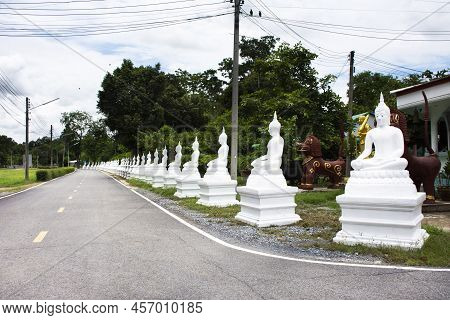 Ancient Antique White Buddha Statue On Beside Road Street For Thai People Traveler Travel Visit And