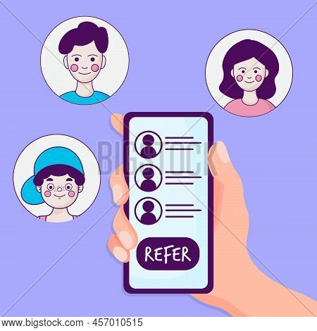 Referral Program Concept. Hand Holding Phone. Business Partnership Strategy With Group Of People. Ne