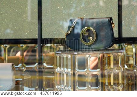 Cannes , Paca  France - 06 15 2022 : Gucci Store Windows Handbags Luxury Leather Shop From Italian D