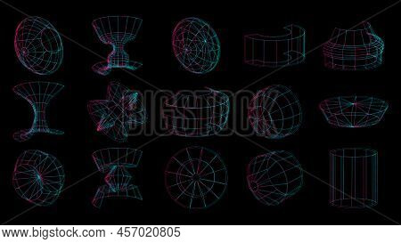 Set Of Abstract Geometric Technology Elements In Cyberpunk Style. Retro Vintage Collection 3d Virtua