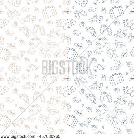 Travel Icons Pattern Of Flip Flops Beach Car Ship Cold Ice Cream. Vector Illustration
