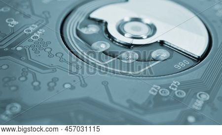 Hard Drive Hdd Printed Wiring Board Pwb Close-up. Conductive Pattern. Gray-blue Computer Background.