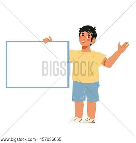 Cute Little Child Boy With Blank Banner Or Billboard In Hands, Flat Vector Illustration Isolated On 