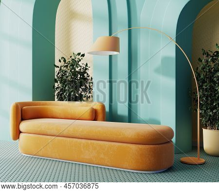 Modern Interior With Orange Sofa And Blue Arches, 3d Rendering