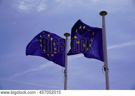 Blue Europe Two Stars European Flag Of Eu Floats In Summer Wind