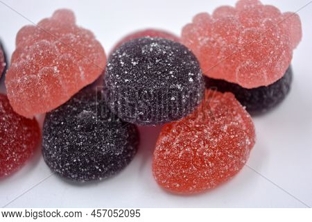Bright Cherry, Red, Purple, Pink, Delicious Candies In The Form Of Fruits, Currants, Grapes, Raspber