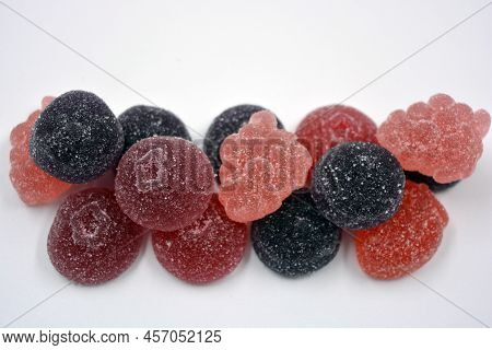 Bright Cherry, Red, Purple, Pink, Delicious Candies In The Form Of Fruits, Currants, Grapes, Raspber