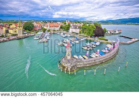 Town Of Lindau On Bodensee Lake Harbor Aerial View, Bavaria Region Of Germany