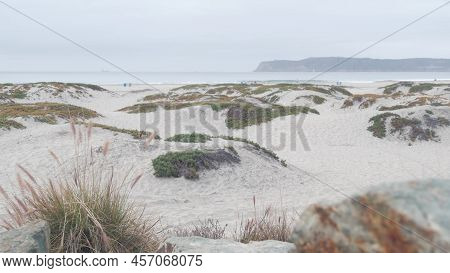 Sand Dunes Of Misty Coronado Beach, Ocean Waves In Fog, California Coast, Usa. Cloudy Overcast Weath