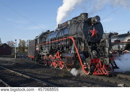 Sortavala, Russia - October 07, 2021: Soviet Mainline Freight Locomotive Of L-series  (lebedyanka) O
