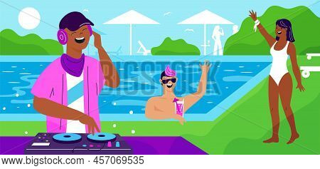 Dj Pool Party People. Bikini Event. Outdoor Friends Rest. Persons Relax And Drink Cocktails. Summert