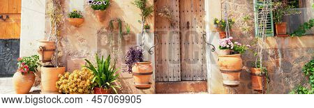 Wall With Traditional Flower Pots In Old Town Of Valdemossa, Majorca, Spain, Web Banner