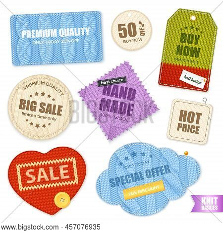 Realistic Hand Knitted Labels Badges Tags Collection With Arans Stockings And Fantasy Patterns Textu