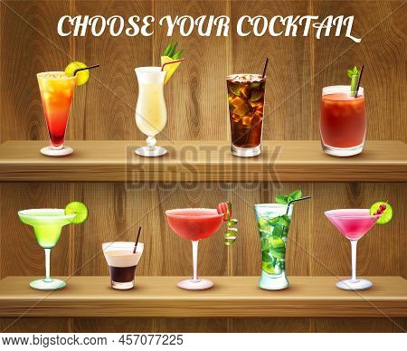 Drinks Realistic Composition With Two Shelves And Various Cocktail Glasses Of Different Shape And Co