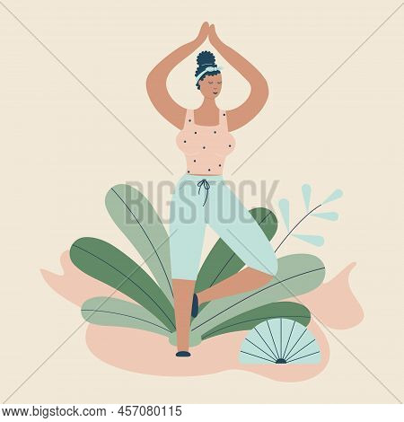 Body Positivity Cute Plump Afro Girl With More Size-inclusive Body Do Yoga In Funky Figures Style.pl