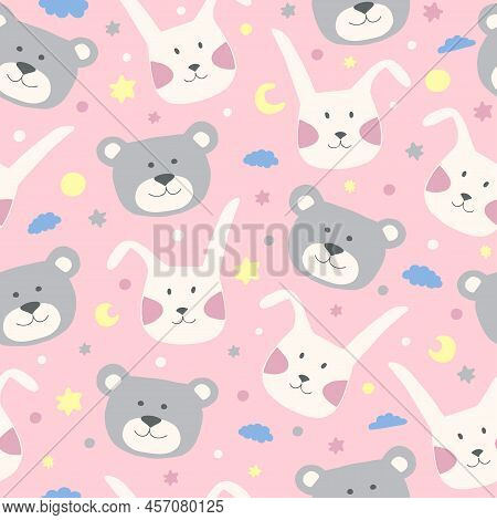 Seamless Childish Pattern With Bunny And Bear, Clouds, Moon And Stars. Cute Hand Drawn Animal Faces 