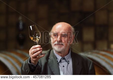 Senior Graybeard Caucasian Man, A Wine Connoisseur, Holding A Glass, Analyzing The Red Wine Through 