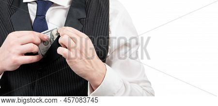 Man Hold Cash Isolated On White Background. Bribery And Corruption. Payday Concept. Horizontal Poste