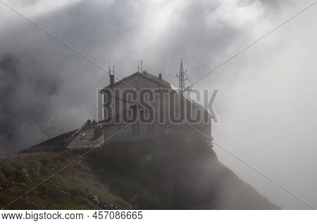 Italy, Dolomites - August 31 2016: The View Of Mountain Hut Rifugio Lagazuoi At The Summit Of Mt. La