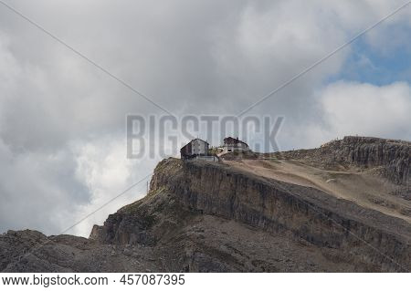Italy, Dolomites - August 31 2016: The View Of Mountain Hut Rifugio Lagazuoi At The Summit Of Mt. La