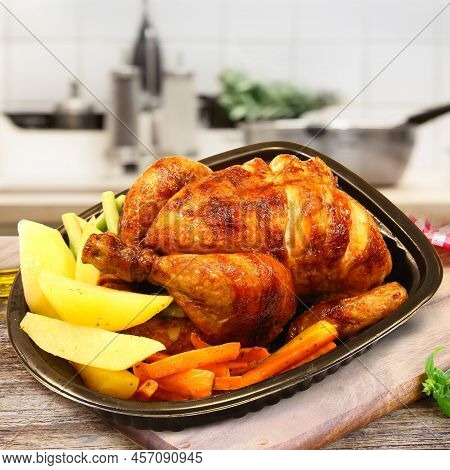 Chicken Whole Roasted Cook, Potatoes And Vegetable In Kitchen Background, Agriculture, Fresh Food, O
