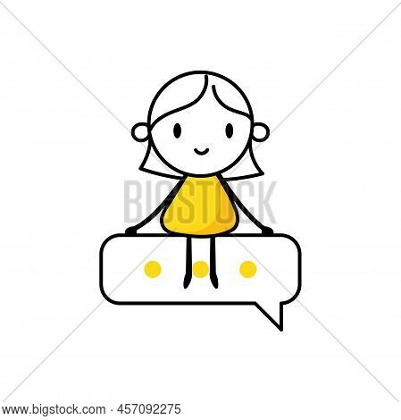 Businesswoman Sitting On Speech Bubble On White Background. Hand Drawn Doodle Woman. Vector Stock Il