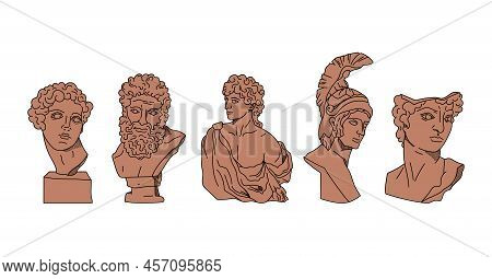 Terracotta Antique Greek Gods Bust Sculptures Bundle, Male Heroes And Gods Vector Silhouettes, Ancie