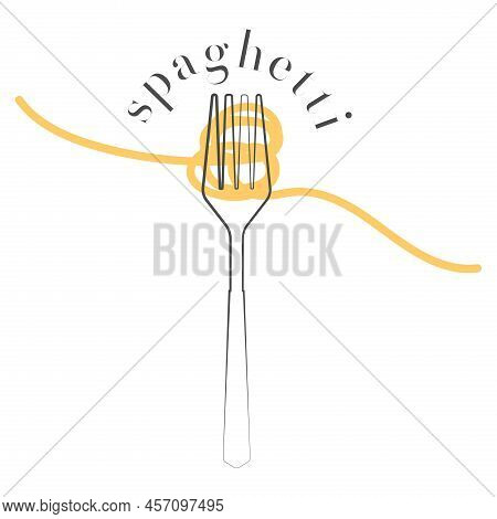 Pasta Roll On The Fork. Italian Pasta With Fork Silhouette. Black Fork With Spaghetti On The Yellow 