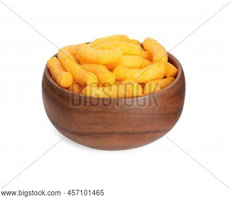 Many Tasty Cheesy Corn Puffs In Bowl Isolated On White