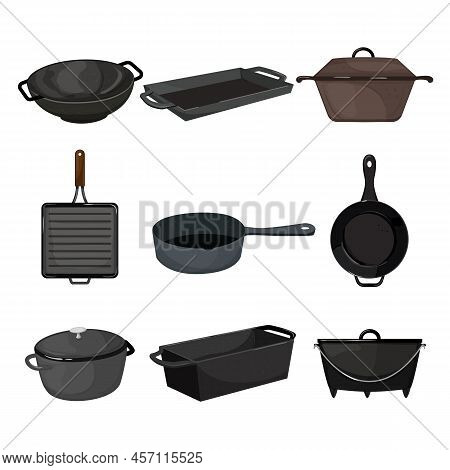 Iron Skillet Set Cartoon. Cast Pan, Black Cookware, Kitchen Food, Empty Top View, Meat Grill Pot Iro