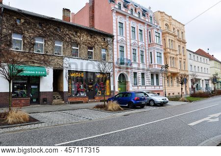 Guben, Germany - January 5, 2013: Old Store Buildings And Residential Houses Facade Exterior Archite
