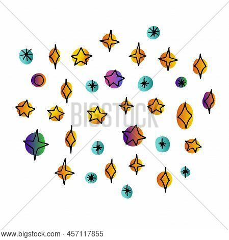 Line Doodle Space Set. Hand-drawn Star Isolated On White Background. Color Astronomical Object. Univ