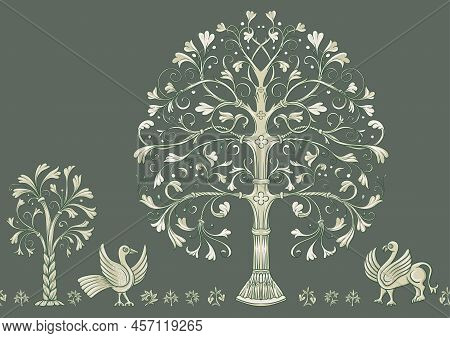 Byzantine Traditional Historical Motifs Of Animals, Birds, Flowers And Plants Seamless Border Patter