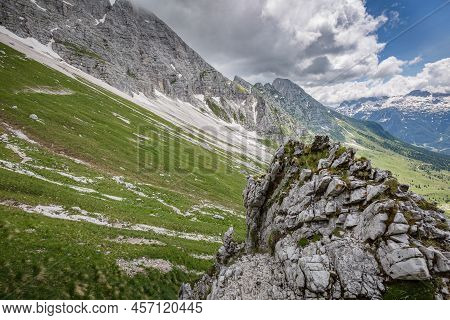 Beautiful Nature. Mountain Hiking Trail Road. Italy Malga Montasio Forca Disteis