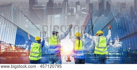 Double Exposure Of Engineer Teamwork Hand Up At Container Cargo With City And Oil Industrial. Team O