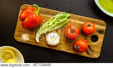 Vegetables With Fresh Organic Fruits And Vegetable Food. Healthy Diet Rustic Farmhouse Style Homemad