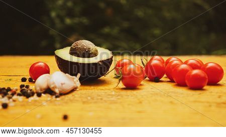 Vegetables With Fresh Organic Fruits And Vegetable Food. Healthy Diet Rustic Farmhouse Style Homemad