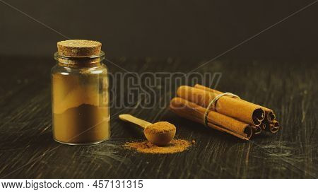 Cinnamon Ground Sticks Ceremony Cocoa Cloves Ground Coffee Spices On Wooden Table Closeup