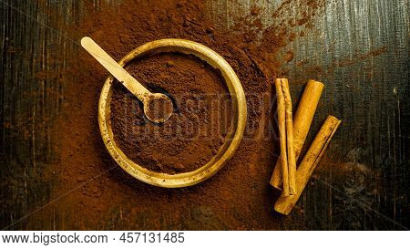 Cinnamon Ground Sticks Ceremony Cocoa Cloves Ground Coffee Spices On Wooden Table Closeup