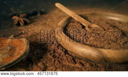 Cinnamon Ground Sticks Ceremony Cocoa Cloves Ground Coffee Spices On Wooden Table Closeup