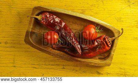 Hot Dry Chili Peppers Fresh Cherry Tomatoes Salad Ingredients Rustic Kitchen