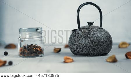 Chinese Teapot Green Healthy Tea Traditional Tea Ceremony Wooden Background Interior