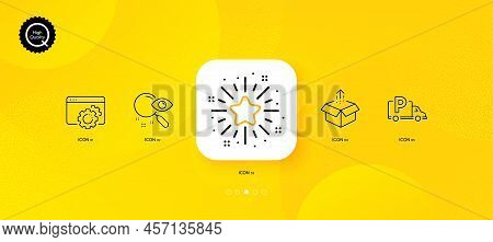 Seo Gear, Twinkle Star And Truck Parking Minimal Line Icons. Yellow Abstract Background. Send Box, S