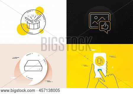 Minimal Set Of Mini Pc, Drums And Like Photo Line Icons. Phone Screen, Quote Banners. Help App Icons