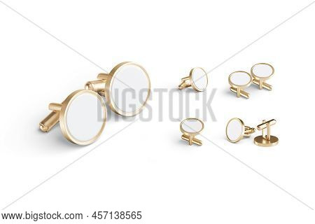 Blank Round Gold Cufflinks Toggle Mockup Pair, Different Views, 3d Rendering. Empty Golden Jewelry C