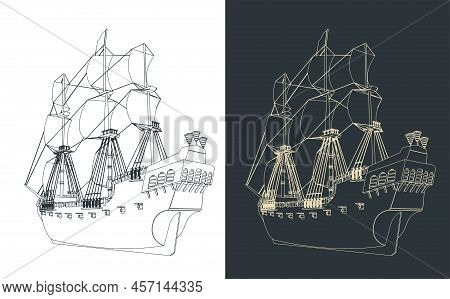 Stylized Vector Illustration Of A Large Sailing Ship From The 16th-18th Centuries