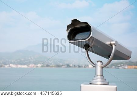 Metal Tower Viewer Installed Near Sea, Space For Text. Mounted Binoculars